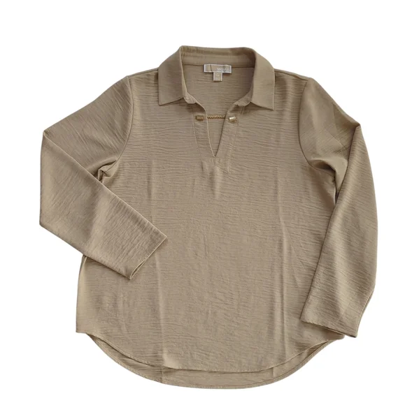 Michael Michael Kors Chain Accent Collared V-Neck Long Sleeve Blouse LARGE Tan - Picture 9 of 16